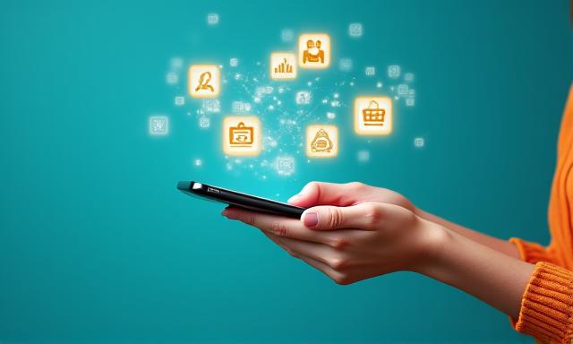 Iconos de aplicaciones y tecnología flotando sobre una mano ofreciendo un smartphone, representando servicios digitales eficientes
