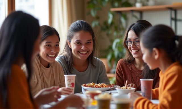 Diversas personas de diferentes nacionalidades interactuando amistosamente en un centro comunitario, simbolizando inclusión