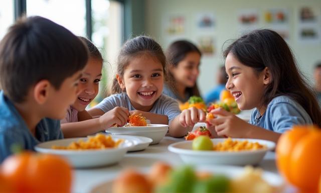 Niños comiendo alimentos saludables en un comedor escolar, con colores vibrantes y ambiente alegre