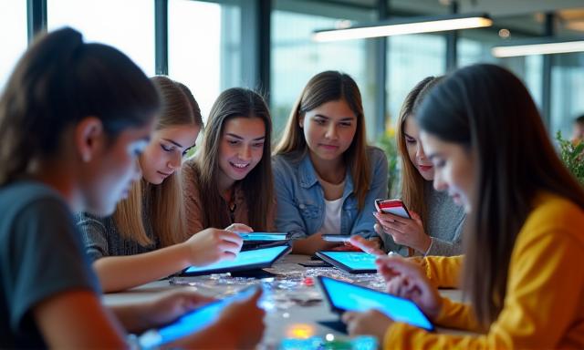Jóvenes usando tablets y celulares en un espacio colaborativo, alusivo a una plataforma digital de participación