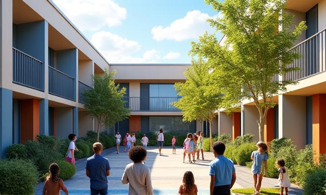 Fachada de edificio moderno con personas interactuando, simbolizando vivienda social y comunidad prospera